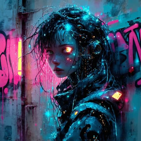 A grittily enchanting nymph, her delicate features a stark contrast to the urban decay surrounding her: dirt-smudged cheeks adorned with ethereal freckles, tangled neon hair cascading over graffiti-covered walls. The digital painting showcases a mix of cyberpunk and fantasy elements, blending the organic with the mechanical in a mesmerizing way. Each pixel is expertly crafted, capturing the essence of a mystical being amidst a dystopian setting. 2d
