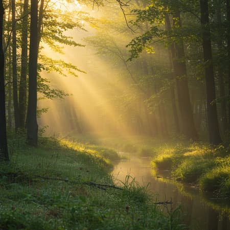 A serene forest at dawn, golden sunlight streaming through towering trees, casting intricate patterns on the forest floor, mist gently hugging the ground, vibrant green foliage creating a lush canopy, a tranquil stream meandering through the scene, with soft, blurred edges enhancing the depth of field, birds softly chirping in the distance, creating a symphony of nature, the atmosphere is calm and rejuvenating, inviting a deep connection with the natural world.