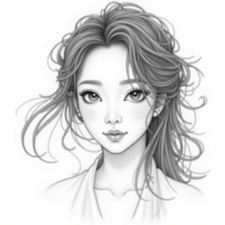 Realistic black and white sketch of an elegant Korean woman with flowing hair and serene expression, set against a minimalist white background, capturing intricate details and subtle shading, infusing a touch of surreal beauty through gentle embellishments and imaginative textures.