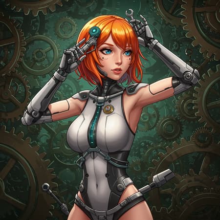 Premium quality, centered, 2D illustration, anime style, captivating eyes, flawless face, full body, cinematic shot, perfect for social media, energetic pose, intricate clockwork, robotic elements, cybernetic details, gears in motion, repairs, cybernetic biochemical steampunk girl with vibrant orange hair, complex background filled with numerous gears, detailed design, expert craftsmanship, gentle shadows, volumetric lighting effects, reminiscent of Ghost in the Shell inspiration.