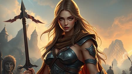 A stunning female warrior standing proudly on the battlefield with a captivating face. She embodies fantasy as a majestic woman depicted in an intricately detailed illustration, evoking an epic feel. The artwork showcases a harmonious blend of fantasy elements, highlighted by a sharp focus and smooth transitions despite a low resolution. The concept art carries subtle imperfections like the potential for minor anatomical quirks or digital artifacts, yet these add to its unique charm. The scene may include a blend of elements just slightly beyond the usual reality, creating a mesmerizing illusion without straying into the grotesque or malformed.
