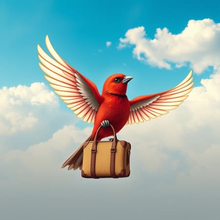 A logo for a travel website featuring a red bird with elegantly detailed white wings holding a vintage travel bag, set against a serene blue sky dotted with fluffy white clouds. The artwork, inspired by Beatrix Potter, embodies a cottage core aesthetic with its intricate designs and warm, inviting tones. The scene is rendered in 8K resolution with exquisite attention to detail, captured from a 45-degree angle, presenting a harmonious blend of quaint charm and refined artistry.