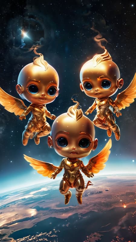 Little flaming cosmic babies. They all have fiery auras, the flames are cosmic and can burn in space. The gold ones have reflective metallic gold skin and glowing amber eyes, the silver ones have metallic chrome skin and glowing white or glowing blue eyes. They all have a tiny flame emitting from their foreheads, signifying their power. They hang out together in groups, flying through the cosmos feeding on the energy from gas clouds. They are a peaceful and inquisitive race of beings, exploring the universe in all of its splendour. Little flaming cosmic babies. They all have fiery auras, the flames are cosmic and can burn in space. The gold ones have reflective metallic gold skin and glowing amber eyes, the silver ones have metallic chrome skin and glowing white or glowing blue eyes. They all have a tiny flame emitting from their foreheads, signifying their power. They hang out together in groups, flying through the cosmos feeding on the energy from gas clouds. They are a peaceful and inquisitive race of beings, exploring the universe in all of its splendour.