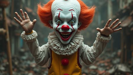 AI Clown World Design Clown world theme in 8k resolution with UHD and HDR quality, featuring duplicated and mutated features such as a cloned face with crossed eyes, elongated neck, and extra fingers on mutated hands. The image contains elements that are slightly out of focus, with some parts appearing blurry or having jpeg artifacts. Watermarks, logos, or any text like letters or usernames are avoided, while ensuring the composition isn't cropped. The style is cartoonish, with exaggerated and split images that maintain a whimsical yet surreal quality.