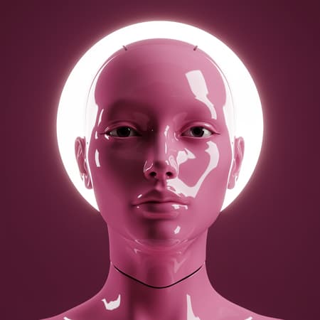 Futuristic sculpture of a woman with a bionic ceramic glossy pink face, emerging from the background, viewed from the front with bright illumination, highly realistic, modern minimalist design, evoking advanced technology and sleek aesthetics.
