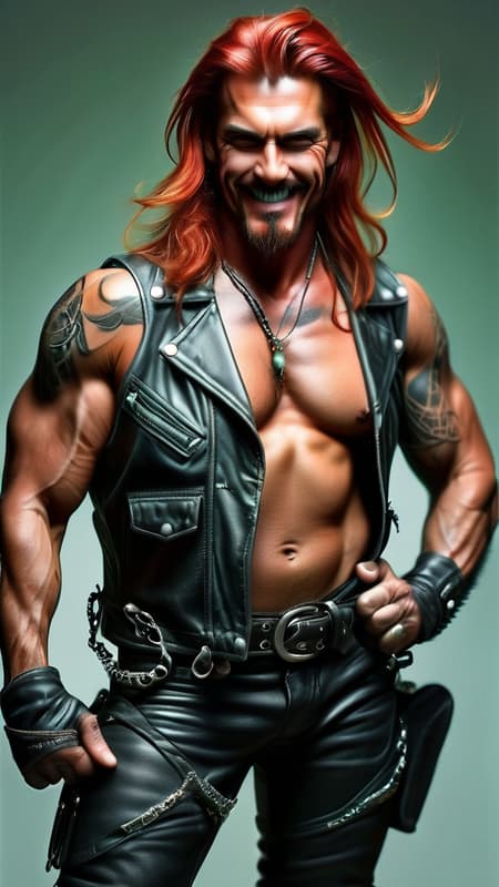  Heavy Metal/Hard Rock, motorcycles. Male motorcycle/biker gang member. Mature man, sexy, attractive, virile. Handsome face, strong brow and jaw, thin red goatee, jade green eyes. Surly grin. 
 Hypermasculine, manly, very tall, muscular, big muscled, sinewy, broad chest, narrow waist, big biceps.  Long wild locks of flaming red hair, side parted. Slightly hairy chest, tattoos on arms and chest. Black leather vest, open and exposing chest. Black leather pants and boots, studded belt around waist.  Leaning back, legs open, huge crotch.  Full body pose. 
