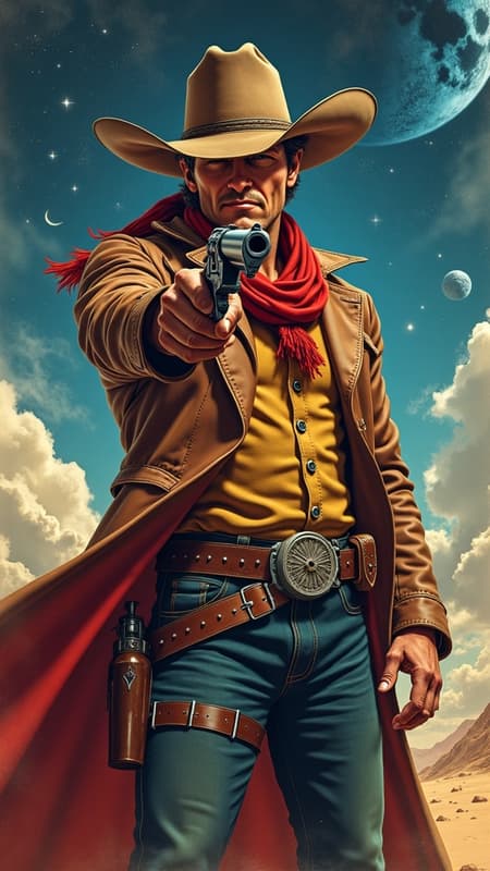 Legendary space cowboy John Wayne, with his rugged charm and iconic cowboy hat, navigates the cosmic frontier in a futuristic world reminiscent of Cowboy Bebop and Trigun. Set against a backdrop of swirling galaxies and distant planets, he wields a laser revolver with unparalleled precision. Accompanied by a diverse crew of misfits and adventurers, his ship is a marbled vessel of rustic Western aesthetics and cutting-edge technology. His unwavering sense of justice and charismatic bravado echo throughout the lawless regions, as he brings order to the chaos of the space frontier with a blend of old-world grit and futuristic flair.