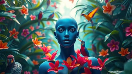 A fashion photography portrait of a cobalt-hued human avatar standing amidst a vibrant azure jungle adorned with exotic flowers and colorful birds, digitally rendered in 3D with a symmetrical composition. Created using octane render, this striking image captures the scene through a 35mm lens, accentuating a dreamy bokeh effect. The dimensions follow a cinematic 9:16 aspect ratio, enhancing the immersive depth and ethereal allure. Subtle glimmers of light pierce through the lush foliage, casting mesmerizing reflections on the avatar's skin, adding a touch of mystique. The overall atmosphere is one of tranquility and otherworldly beauty, drawing viewers into a captivating visual journey.
