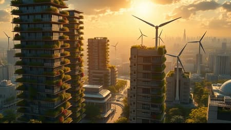 Award-winning portrayal of a solarpunk cityscape featuring towering vertical gardens and golden sunlight streaming through advanced solar panels; a harmonious, ecologically sustainable environment with intricately designed wind turbines set against a bustling city background; infused with visionary futurism inspired by Hayao Miyazaki, captured using a Nikon D850 with a film stock aesthetic, f1.6 lens; exhibiting rich hues, hyper-realistic details, and lifelike textures; dramatic lighting enhanced by Cinestill 800 with vibrant contrast and brightness; unintended elements include low resolution, text errors, unusual anatomy features like missing or extra digits, and occasionally cropped or out-of-frame objects; might contain imperfections such as jpeg artifacts, inadvertent tiling, and unintended stylization or alterations that evoke a unique artistic expression amidst minor visual distortions.