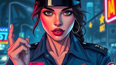 A portrait of an 80's police woman in Miami, centered, featuring intricate and highly detailed artwork with breathtaking beauty and precise line art. The piece is vibrant and reminiscent of a comprehensive cinematic style, evoking influences from Guy Denning and Sandra Chevrier. Rendered in 8k HDR, capturing the essence of Vice City with notable low-res touches. The artwork is laden with text, occasional errors, and noticeable jpeg artifacts. Despite its beauty, the portrait displays intentional artistic flaws like missing fingers, extra digits, and poorly drawn hands and feet. Some aspects are cropped or out of frame, creating an abstract and disjointed feel. The piece contains elements of distortion, such as extra arms or legs, producing a subtly mutated appearance. It embraces the imperfections with blurry, fuzzy, and misshaped details, challenging traditional portrayals. The presence of a signature, watermarks, text references, and artist names reflect its raw, edgy nature.