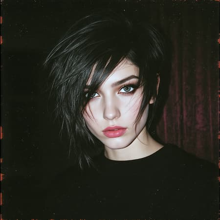A captivating portrait of a young woman with a chic, asymmetrical haircut and mesmerizing eyes. Captured in a bold high-contrast style, the photograph accentuates her angular features with dramatic shadows and brilliant highlights. Taken with a vintage film camera using a fast prime lens, the image exudes a gritty, authentic texture. This striking portrait is ideal for fashion editorials, advertising showcases, or as a compelling piece of wall art.
