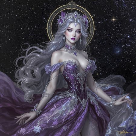 Space Princess Beauty, Artwork The ultimate space princess is a vision of celestial beauty, her elegant gown shimmering with ethereal hues of deep amethyst and silver, adorned with intricate lacework and sparkling gemstones. Her cascading hair flows in iridescent waves, framing a visage of grace and pure allure. Crafted by hyper-realistic artist Kazuhiro Tsuji, this artwork masterfully blends elements of Baroque and Art Nouveau, with meticulous attention to detail, culminating in a stunning masterpiece that captivates the soul.