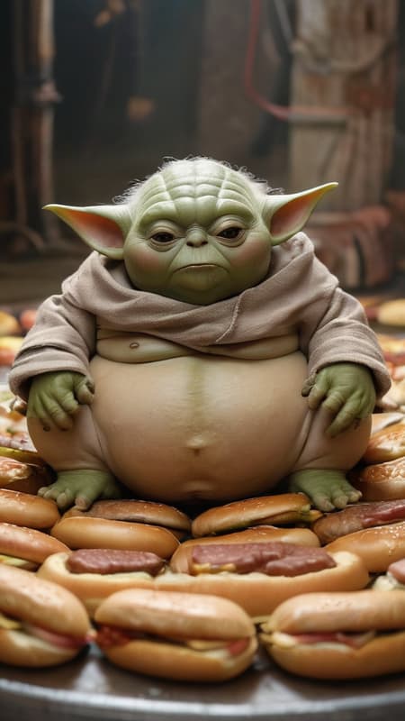 185kg, (very  super fat Yoda:1.2)with fat man's belly, in the ring, on the floor of the ring, there are hundreds of burgers and hot dogs lying around, dramatic ligths, cinema 90s style
