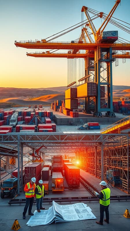 Photographs showcasing the bustling construction site of the dry port in Drogobich, capturing the dynamic activity of cranes lifting large shipping containers, workers in high-visibility gear coordinating logistics, and modern infrastructure taking shape with rows of steel girders and scaffolding set against a backdrop of rolling hills; the scene is bathed in the golden hues of a setting sun, highlighting the scale and ambition of the project, with close-up shots of workers consulting blueprints and machinery, conveying a sense of progress and innovation in a growing transportation hub. Photographs showcasing the bustling construction site of the dry port in Drogobich, capturing the dynamic activity of cranes lifting large shipping containers, workers in high-visibility gear coordinating logistics, and modern infrastructure taking shape with rows of steel girders and scaffolding set against a backdrop of rolling hills; the scene is bathed in the golden hues of a setting sun, highlighting the scale and ambition of the project, with close-up shots of workers consulting blueprints and machinery, conveying a sense of progress and innovation in a growing transportation hub.