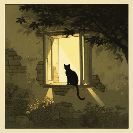 Ukiyo-e woodblock print style illustration of a black cat silhouetted on an open window ledge of an old stone building, looking outwards. Bright sunlight streams through the window, highlighting the cat and parts of the stone wall and potted plants below. Dark, intricate shadows of leaves from an overhead tree cast across the upper wall. The scene is bathed in warm, earthy tones of olive green, yellow, and brown, with strong contrasts between light and shadow. The mood is peaceful and contemplative, with a vintage, handcrafted aesthetic and visible paper texture.