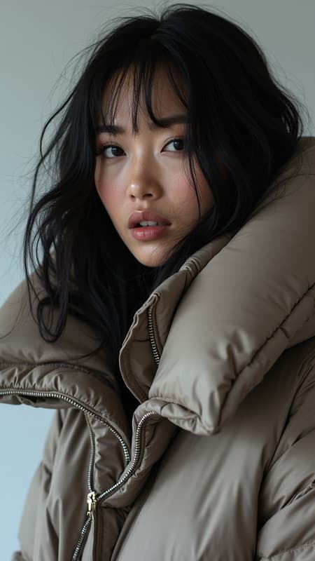 A striking fashion portrait of a stunningly beautiful woman draped in an enormously oversized puffer jacket designed by industry icons like Craig Green, Dingyun Zhang, Yeezy, Balenciaga, and Vetements. The shot features sharp focus with remarkable clarity and detail, presenting a cinematic and glamorous vibe. The composition is symmetrical, suited for a high-fashion magazine editorial. The glossy finish highlights elements of Off-White style, merging couture with avant-garde aesthetics for a sophisticated and modern look.