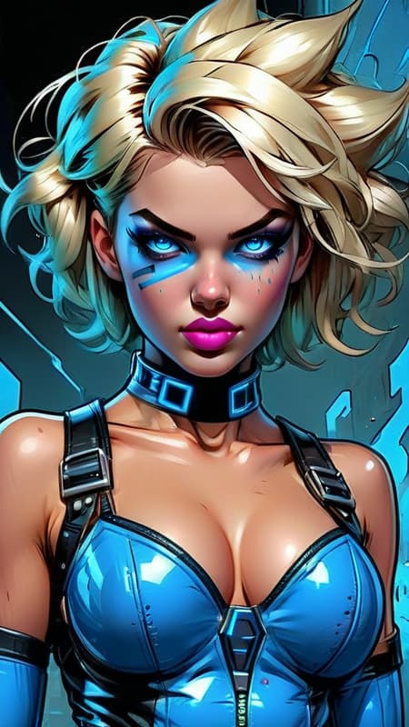 Her name is Electric Blue. Super-hero. That perfect cross between supermodel and punk rock. Feminine Caucasian female, young woman in her early 20s. Tall, athletic, thin but curvy, strong. Curly-spiky blonde Bob hairstyle with fluffy Bangs swept over one eye, a neon-blue streak of hair in the front. Pretty model face with long blonde lashes and electric blue eyes, glowing neon bright eyes. Punk Rock eye make-up in various shades of blue. Shiny glossy cherry-red lips. Her uniform is a spandex form-fitting cobalt blue with glowing neon blue glyphs/stripes on the fabric, top and pants. A shiny metallic chrome belt that curves downwards on her waist. Mid-calf black leather boots with high heels and silver grommets.
She can produce bright blue electricity/lightning from her hands and fire a stream of it at her opponents. She can also shock her enemies if needed. She can also become pure electricity and use it to travel along power lines and grids and incredible speeds. Her name is Electric Blue. Super-hero. That perfect cross between supermodel and punk rock. Feminine Caucasian female, young woman in her early 20s. Tall, athletic, thin but curvy, strong. Curly-spiky blonde Bob hairstyle with fluffy Bangs swept over one eye, a neon-blue streak of hair in the front. Pretty model face with long blonde lashes and electric blue eyes, glowing neon bright eyes. Punk Rock eye make-up in various shades of blue. Shiny glossy cherry-red lips. Her uniform is a spandex form-fitting cobalt blue with glowing neon blue glyphs/stripes on the fabric, top and pants. A shiny metallic chrome belt that curves downwards on her waist. Mid-calf black leather boots with high heels and silver grommets.
She can produce bright blue electricity/lightning from her hands and fire a stream of it at her opponents. She can also shock her enemies if needed. She can also become pure electricity and use it to travel along power lines and grids and incredible speeds.