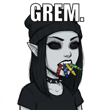 Recreate this meme but replace character with a goth woman with pale grey skin, pointy ears, solid black eyes, shoulder length black hair and sharp white teeth. She should be wearing a black beanie, spiked choker, black t-shirt. Replace cigarettes in mouth with crayons, remove smoke. Change text from "GENTLEMEN." to "GREM."