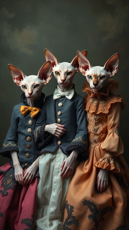 Three hairless Sphynx cats poised elegantly, adorned in whimsical and elaborate costumes that blend surrealism and vintage flair, evoking the dreamlike aesthetic of Tim Walker. Their attire, rich in intricate details and luxurious fabrics, merges the playful creativity of Sacha Goldberger with the dark, emotive brushstrokes reminiscent of Nicola Samori. The setting enhances the fantastical mood, suggesting a mysterious narrative waiting to unfold.