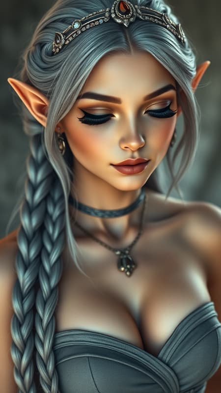 Portrait of an elf girl, close-up face with pointy ears, wearing a strapless grey dress, half-closed eyes and adorned with elegant jewelry and a tiara. Her long, braided grey hair frames her profile, highlighting her bare shoulders and subtle cleavage. The elf has pronounced long eyelashes, creating an expressive appearance. Her physique is a blend of curvy and muscular features. The image is a solo depiction with an emphasis on a 3D facial structure. She exudes a mystical aura, and while the photo has been adjusted for clarity, a soft blur effects the background, lending a dream-like quality. The composition avoids text or other distractions, focusing on her ethereal beauty.