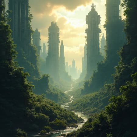 A sprawling post-apocalyptic cityscape overgrown with lush vegetation, inspired by a horizon zero dawn-like world, features towering remnants of skyscrapers intertwined with vines and flora. In a style reminiscent of final fantasy ink illustrations, intricate details depict a blend of nature reclaiming human constructs with futuristic elements. The scene is bathed in dramatic lighting, where shafts of golden light pierce through dense clouds, casting long, ethereal shadows across the landscape. The atmosphere is filled with a sense of mystery and awe, as wildlife scurries among the ruins, and ancient machines lay dormant in the overgrowth. Rendered in stunning 8k resolution, the composition captures a harmonious balance between the desolation of a bygone era and the rebirth of nature, set in a panoramic 3:2 aspect ratio.
