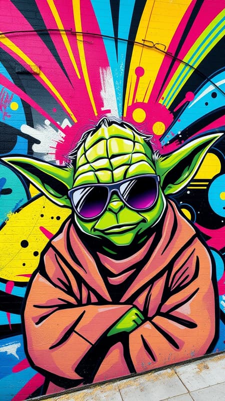 Imagine a vibrant graffiti wall featuring a street-smart Yoda, his wise eyes hidden behind a cool pair of aviator sunglasses. The artwork bursts with bold colors and dynamic lines, capturing the essence of urban energy as Yoda strikes a relaxed pose amidst swirling patterns and abstract shapes. This hip version of the iconic character adds a modern twist with splashes of neon and a playful sense of style.