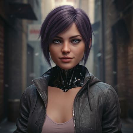 "Pastel lighting, mysterious smile, bright and piercing eyes, stunning young cyborg girl inspired by Deus Ex Mankind Divided, wearing a stylish blown jacket reminiscent of a fashion magazine, set in a dimly lit city alley with a slum atmosphere, natural glossy hair, captured with a 150mm lens, ISO 100. The image should avoid any imperfections such as bad clothes, poorly drawn clothing, broken fabric lines, and digital artifacts. Focus on natural beauty and seamless anatomy, ensuring there are no errors like extra limbs or disconnections, and maintain clarity without any blur or distortion."