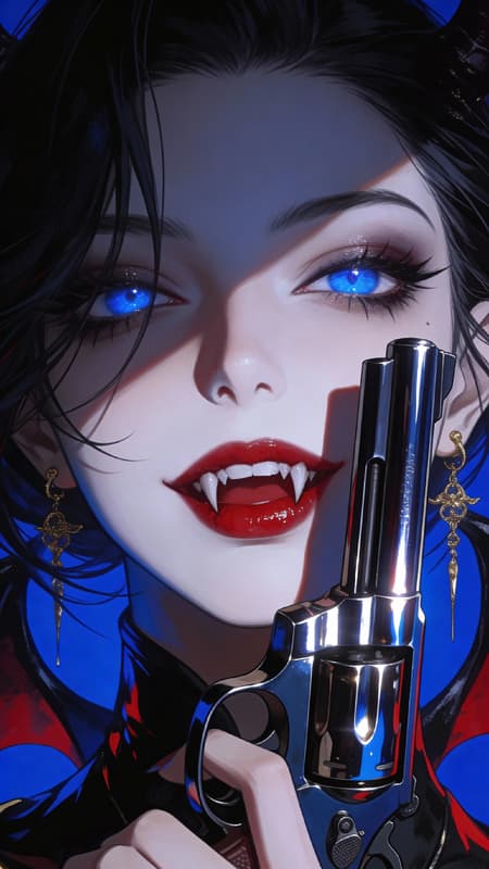 Alluring Vampire Woman With Glowing Blue Eyes Close-up portrait of a mischievous vampire woman, holding a sleek, reflective pistol, digital art, anime-inspired, hyper-detailed. Her piercing blue eyes gleam under dramatic, high-contrast lighting, casting deep shadows and highlighting her pale skin and sharp, vampiric fangs. Her lips are a vibrant, glossy red. Dark, flowing hair frames her face, adorned with subtle, intricate gold accessories. The background features a striking royal blue with hints of black and red, creating a dark and alluring atmosphere. The glossy textures of the gun and her clothing reflect light sharply, adding to the intense mood.