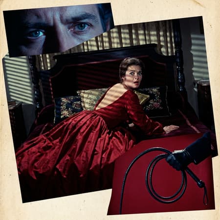 A 1960s Italian Gothic horror cinema storyboard, layout as a dynamic collage of overlapping asymmetrical panels, no white space, entirely without text or speech bubbles.
Dominant background panel: A Dutch tilt shot at eye level of a woman reclining on a decadent velvet bed, leaning back against ornate pillows. She wears a lavish 19th-century gothic gown of heavy red silk with a dramatic low-back design, exposing her skin to the light. She looks directly at the camera with a wide-eyed expression of tragic intensity and fearful anticipation, her lips are ppursed in a gasping expression. Sharp, rhythmic shadows of window blinds cross her shoulders like stripes.
Top left inset panel: A tight extreme close-up of a man's eyes, wide and maniacal, illuminated by a harsh blue rim light, no text elements.
Bottom right inset panel: A dramatic low-angle shot of a man's hand firmly gripping a coiled black leather whip, ready to strike. The arm is clad in a black velvet frock coat with an ornate white lace ruffle cuff. Solid blood-red background, purely visual composition with no words.
Overall Style: 35mm film grain, heavy Technicolor saturation, Mario Bava aesthetic, 1963 film stock texture, deep chiaroscuro, cinematic photography.