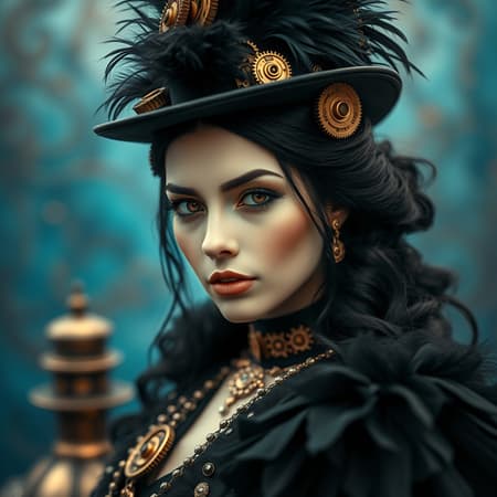 Steampunk royalty with an ethereal allure, her porcelain skin contrasting against her raven-black hair. A closeup reveals intricate facial details, set amidst a backdrop of vivid sapphire hues. She dons an elegant ebony gown paired with a matching feathered hat, both adorned with intricate brass gears and cogs. The ultra-high-definition, high-dynamic-range composition captures every detail in stunning 8K resolution, infusing the scene with a mesmerizing blend of Victorian elegance and imaginative machinery.