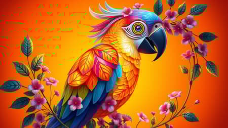 A luminous 3D parrot shape with abstract features, intertwined with vibrant foliage and delicate flowers, set against a warm, glowing orange background. A luminous 3D parrot shape with abstract features, intertwined with vibrant foliage and delicate flowers, set against a warm, glowing orange background.