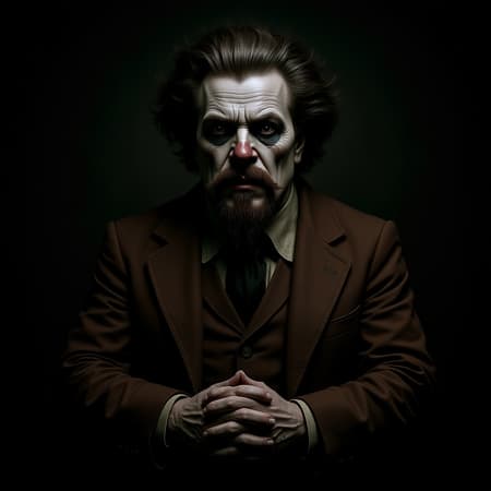 Gothic Ronald McDonald in an epic realistic portrayal, featuring faded and neutral colors, dramatic and intricate details, conveying a cinematic quality with a focus on elaborate, detailed design elements.