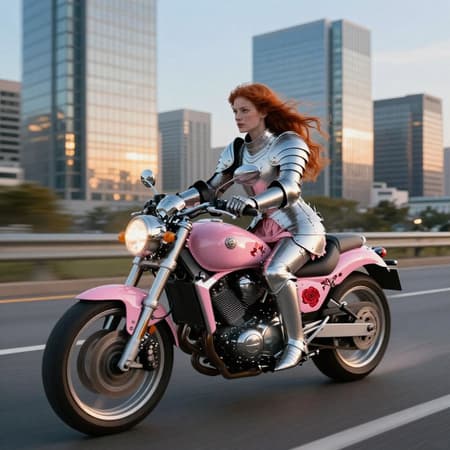 Photorealistic image of a beautiful young woman with red hair and freckles, wearing a full, highly polished silver medieval knight's armor over a pink dress. She is riding a custom pink and chrome motorcycle adorned with red rose decals, moving at speed on a multi-lane highway. The background features modern glass skyscrapers reflecting the golden hour sunlight and a clear blue sky. Dynamic shot with motion blur on the wheels, soft golden hour lighting, creating a majestic and surreal mood.