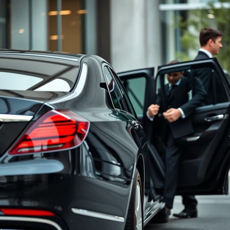 Elegant corporate setting featuring a luxury black car for VIP transfer service, a professional chauffeur in a sleek black suit, opening the back door for a client; the scene captured with a Leica 50mm lens at f1.4 for a beautifully blurred background and focus on fine details.