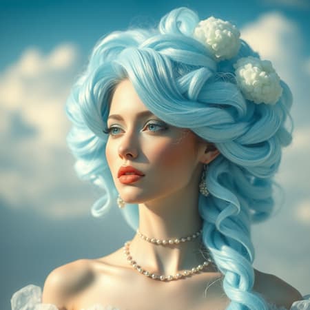 Fantasy sky empress with cloud-like hair, photorealistic natural lighting, captured through a macro lens, inspired by Gerald Brom; featuring a palette of baby blue and mint colors, with pastel and white accents, blended seamlessly with skin tones, using depth of field for dramatic effect, in a 1:2 aspect ratio, highly stylized at 1000.