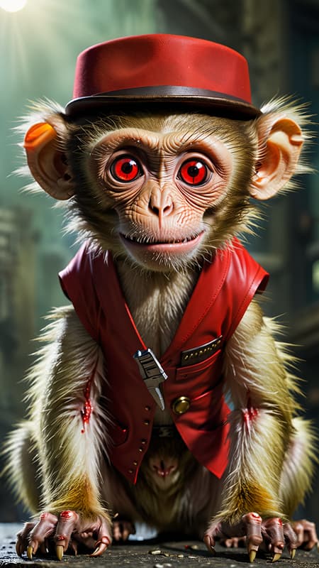 Sci-Fi horror, a lab experiment gone completely wrong. A Capuchin monkey was created in a lab, it was to be cloned and sold in pet stores. The monkey turned out to have human intelligence, as well as a psycho homicidal streak. It killed everyone in the lab and escaped, it now roams the streets with a group of supervillains. The monkey has little glowing evil red eyes and an evil smile. It carries a big sharp butcher's knife and a taser--- it loves shocking people, when he's not cutting them up. He wears a little red vest and a hat, just like the monkies with the organ grinders. He is small, quiet, quick and agile. You will never see or hear him coming, unless he wants you to... 