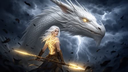 Full body shot of a white-haired female warrior with golden lightning-like tattoos on her back, holding a glowing spear, looking back over her shoulder at a majestic white dragon. The dragon's head is massive, detailed with subtle scales and glowing eyes. The background is a dramatic stormy sky with dark, turbulent clouds and bright lightning strikes. Falling dark leaves add to the intense atmosphere. Digital art, fantasy, epic, dark academia, high contrast lighting, volumetric light. Dominant colors are dark blues, grays, whites, and gold. Strong mood of power and tension.