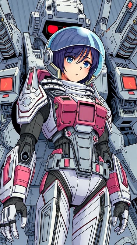 Armored astronaut heroine in full-length portrait, surrounded by an intricate comic book style battlemech, showcasing highly detailed and exquisite fanart elements. A cyborg woman with tears in her eyes adds an emotional depth, all rendered in vibrant full color with a manga visual style. The scene exudes an anime key visual essence with a touch of Valerian Nartfixer's unique artistic flair.