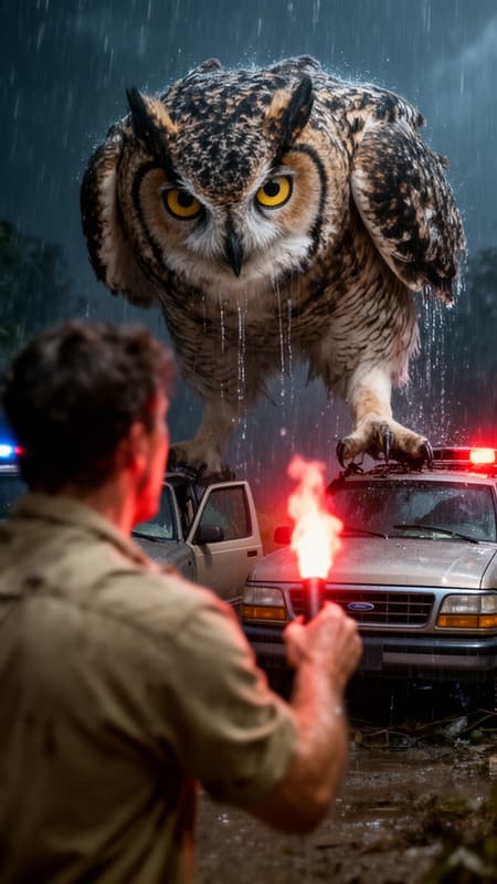On the image you can see Hooh - a large pet great horned owl. I want to make another pic with this owl. A photorealistic, dramatic recreation of the iconic Jurassic Park scene with T-Rex and guy holding flare. Torrential rain pours down on a dark, stormy night. In the blurry foreground, a view from behind of a blurry  terrified man in a khaki shirt holding a blazing red flare up in front of him, his arm trembling, illuminated by its glow. In front of him, two classic Jurassic Park Ford Explorers are partially visible, their doors open, emergency lights flashing. Towering over him, replacing the T-Rex, is an oversized Great Horned Owl, Hooh, scaled to the size of a Tyrannosaurus. She leans forward menacingly, her massive body puffed up to nearly double her volume, feathers bristling. With one of legs she is stepping on car, crushing it. Her face is close, and she is looking directly at human. Focus is on Hooh face. Her enormous golden eyes lock onto the tiny human. Rain cascades off her feathers, creating dramatic water sheets. Cinematic lighting, ultra-detailed textures of wet feathers, rain, and the flare's glow reflecting off surfaces. Shallow depth of field.