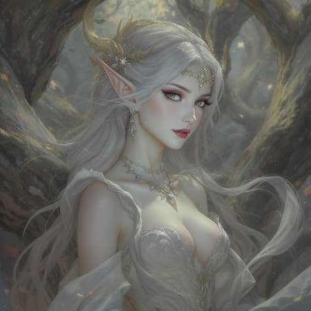 Portrait of a mystical female elf, delicate and graceful, exquisitely detailed digital painting, featured on artstation, concept art style with a smooth, vivid focus, inspired by artgerm, greg rutkowski, and alphonse mucha, rendered in stunning 8k resolution, subtle hints of ethereal beauty amidst an enchanted forest backdrop, with intricate jewelry, flowing hair, and an elegant gown, capturing a timeless, otherworldly charm.