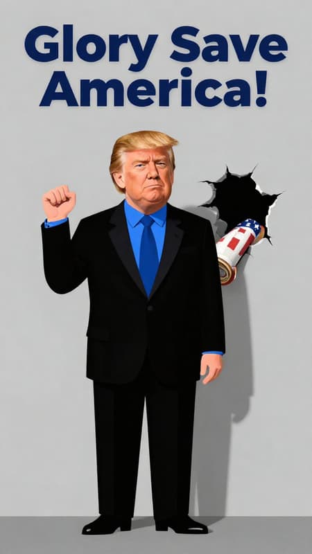 Create a 3:4 image in a style reminiscent of an election poster and a minimalist caricature. A tall, stately man with sparse blond hair combed into a combover. He is dressed in a black formal suit and a blue shirt. He stands with his hand raised and clenched into a fist. To the right of the man is a gray wall with a large hole. A rolled-up carpet with an American flag motif emerges from this hole. The image is verified by the three-dimensional letters "Glory Save America!" Add a Wojak meme face to a man