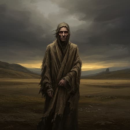 An evocative oil painting inspired by the style of Odd Nerdrum, featuring a mysterious figure draped in tattered, textured robes, standing alone in a desolate landscape under a brooding, overcast sky. The scene is bathed in a muted palette of earthy browns, deep grays, and subtle hints of ochre, creating an atmosphere of solitude and introspection. The figure's expression is pensive, with eyes that convey a sense of timeless wisdom and melancholy. The background presents distant, craggy hills and a sparse, wind-swept terrain, adding to the feeling of a world caught between the past and an uncertain future. The painting’s technique showcases thick, expressive brushstrokes, highlighting the rugged textures and the interplay of light and shadow on the cloth and skin, giving the entire composition a sense of movement and depth.
