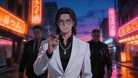 Anime style illustration of three men walking down a neon-lit Japanese street at dusk. The central figure, a handsome man with long dark hair, glasses, and a subtle smile, wears a crisp white suit, black shirt, and a silver chain, holding a lit cigar. He is flanked by two serious-looking bodyguards in dark suits and black leather jackets. The composition is a medium shot, with the men dominating the foreground. The lighting is dramatic, with warm orange and pink neon signs casting reflections on the wet street, contrasting with the deep blue and purple twilight sky. The atmosphere is cool and mysterious.