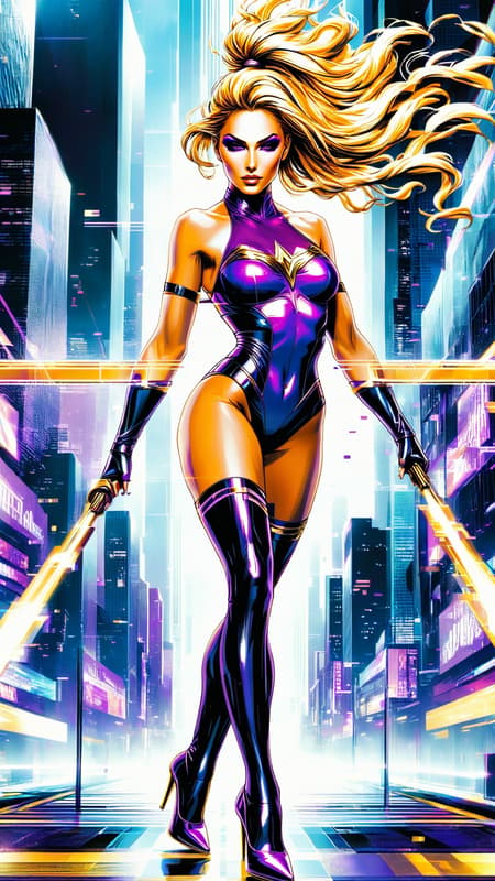 Super-hero, a living trophy. She has gold metal skin with high shine. Her hair is also metallic gold, back-length and smooth, side parted and flipped over one eye. Her eyes are also completely gold, filling her eye sockets. She has the ability to become 2-dimensional, enabling her to become invisible when she turns sideways, or slide amongst the surface of things or under doors as an escape route. She is tall, lithe, athletic, a dancer's build. She wears a form-fitting purple halter top/sports bra, and purple spandex thigh length athletic shorts. She wears purple shoes without heels, but they do have straps. This is the outfit she wears when she's fighting crime or dancing. Her gold metal skin gives her a certain amount of invulnerability. She also has mind powers to help her in certain situations. Full body pose, becoming 2-dimensional or shining her way through the city. 