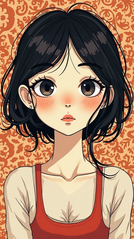 Illustration of a girl's upper body with a focus on her face and gaze, incorporating a palette of two to three randomly selected colors. The composition features defined outline and edge lines, set against a backdrop of intricate patterns. The artwork is original and a masterpiece, created in a raw style, with an aspect ratio of 9:16 and a subtle level of stylization.