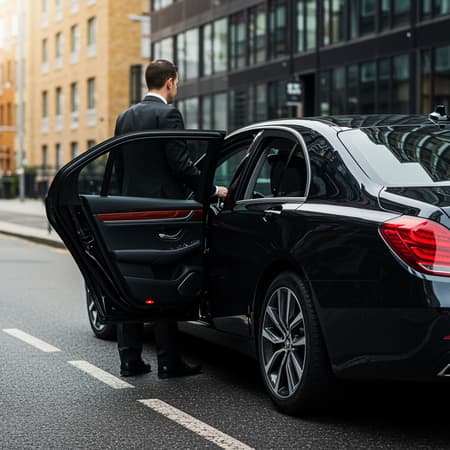 Luxurious corporate car transfer service, sleek black sedan, professional chauffeur in elegant black suit, capturing the essence of exclusivity. Intimate focus on the open back door, shot with a Leica 50mm lens at f1.4, creating a sophisticated and inviting atmosphere.