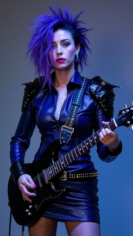 Futuristic Sci-Fi, a living hologram. Alien Punk/New Wave Rock star. She sparkles and glitters as light passes through her. Feminine female, Caucasian. Tall, strong, beautiful, ethereal yet edgy. Medium shoulder-length hair, dark Violet with periwinkle and lilac highlights, swept back on one side and wildly spiky and curly, falling over one eye on the other side. Beautiful model face, high cheekbones, silver/grey eyes with plenty mascara and eyeliner, different shades of shimmering eyeshadow on each eye. Crystal spear earrings in each ear. Shimmering violet lipstick. Metallic dark blue long sleeved shirt, form fitting with zippers extending from shoulders. Shiny black shoulder pads, black leather bracers on arms. Black studded leather belt around her waist, glowing Violet circle as the belt buckle. Metallic dark blue miniskirt, black fishnet stockings. Stilleto knee-high boots, metallic dark blue. She carries and plays a synth-guitar, you can see the sound waves from it and her voice. Full body pose. 