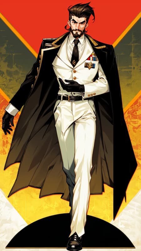 Supervillain. Sci-Fi tech scientist responsible for all the gadgets and doodads of the Nazi party of the 21St century. Tall, strong, sturdy, fit. Caucasian male of German ancestry. Dark brown combed back pompadour, graying at the temples. Strong brow and jaw, handsome middle-aged man in his early 50s. Stylized mustache and long but neatly kept beard, some gray in the sides of it. Pale Hazel eyes, usually wearing a monocle in the left eye. He prefers an all white uniform of white button-down shirt with a red tie, white pants with a black leather belt and black leather Baron boots. He's often wearing an off-white Baron's coat with the collar flipped up. There is usually a gold swastika pin on his coat lapel, and he wears it unashamed. Full body pose. 
