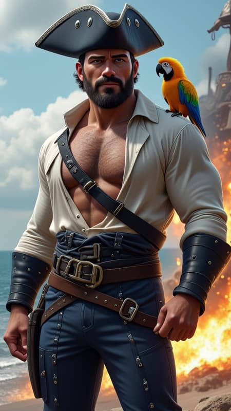 Sci-Fi, futuristic hero. Swashbuckler, space pirate, handsome intergalactic buccaneer. Tall, muscular, sinewy, big muscled, perfect physique. Broad chest, wide shoulders and back, narrow waist, muscular thighs and legs. Hirsute hairy chest, arms and legs. Handsome masuline rugged face with lapis-blue eyes, strong brow, squared jaw. Narrow mustache with soulpatch on face. He has a warm, sexy smile. Short dark brown curly fade with close cut on sides and back, longer curls on top. Dark blue tricorn pirate hat with silver grommets,and a white feather plume on the side.  Black leather harness with silver buckle strapped across his chest. A loose-fitting sheer silky white long sleeved shirt with sliver threads, open to reveal his hairy chest. A wide black leather belt with silver studs around his waist. Tight dark blue pants with silver grommets down the sides tucked into knee-high black leather bucket boots. An alien parrot with multi-colored glowing neon feathers sits on his shoulder while his spaceship fires up for his next adventure. Full body pose, lookingbdashing and handsome. {{{MASTERPIECE}}} 