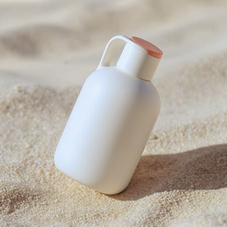 A sleek, modern ivory-colored bottle with a smooth matte finish, lying at an angle on a gently textured, sunlit sandy background. The bottle boasts a rounded, compact silhouette with a seamlessly integrated handle on the cap. The cap features a subtle apricot-colored circular press button on top, accompanied by a discreet side indicator, enhancing its contemporary and practical design. Captured in natural light with a shallow depth of field, the photograph imbues a cozy and inviting product ambiance.